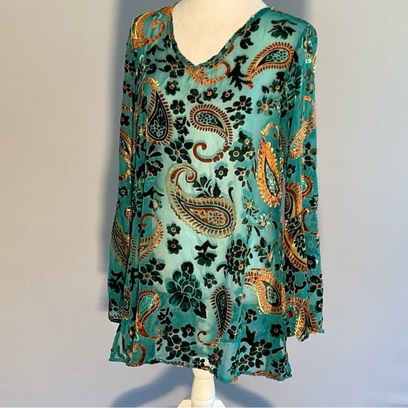 Velvet Burnout Boho Blouse Teal Paisley Tunic Festival Top S - Picture 8 of 16